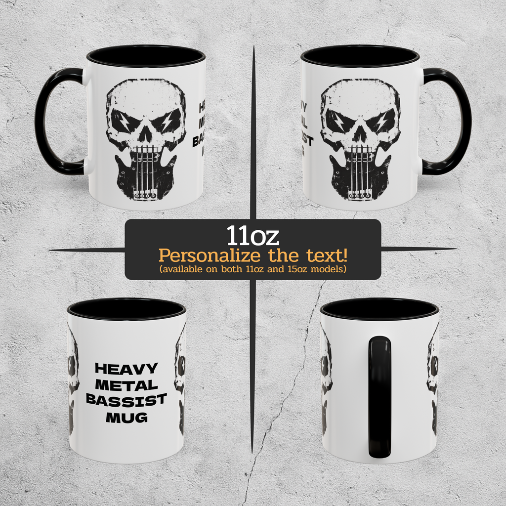 Mugs with skull design and text on a textured gray background