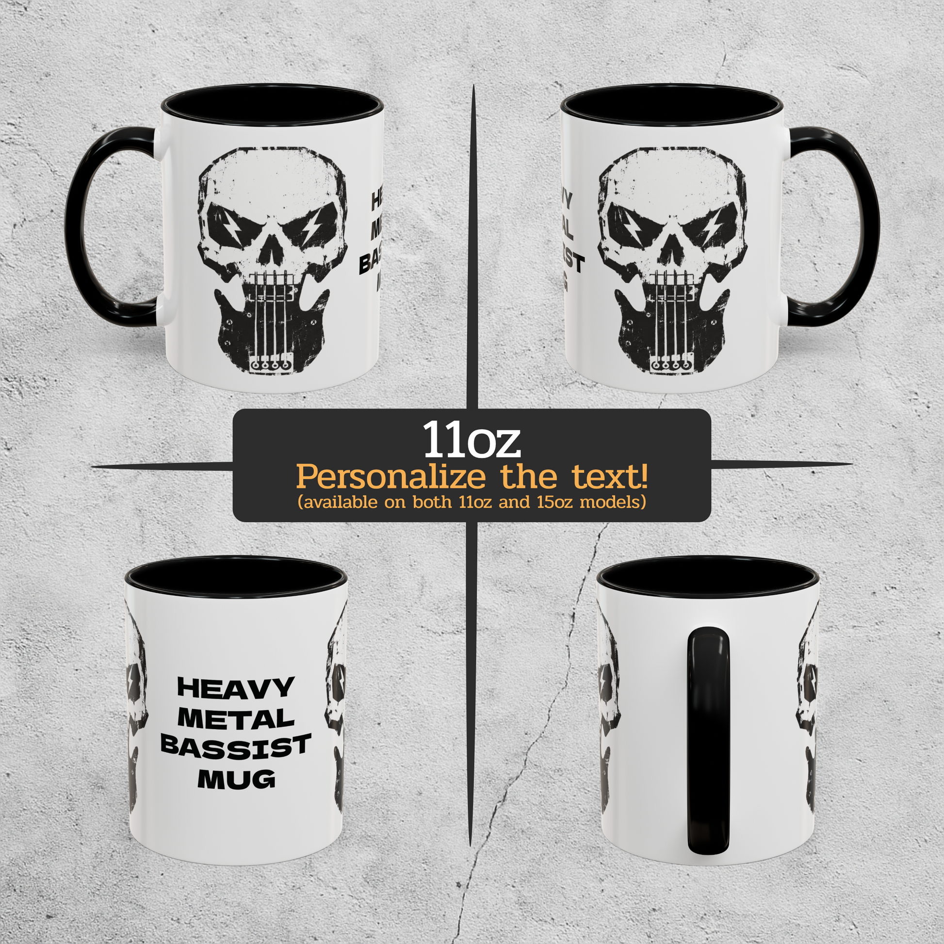 Mugs with skull design and text on a textured gray background