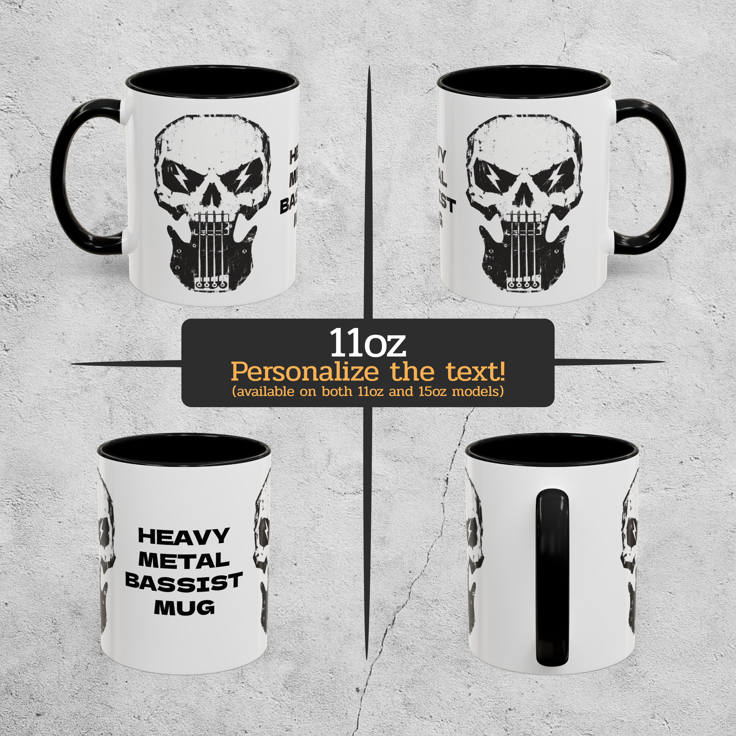 Mugs with skull design and text on a textured gray background