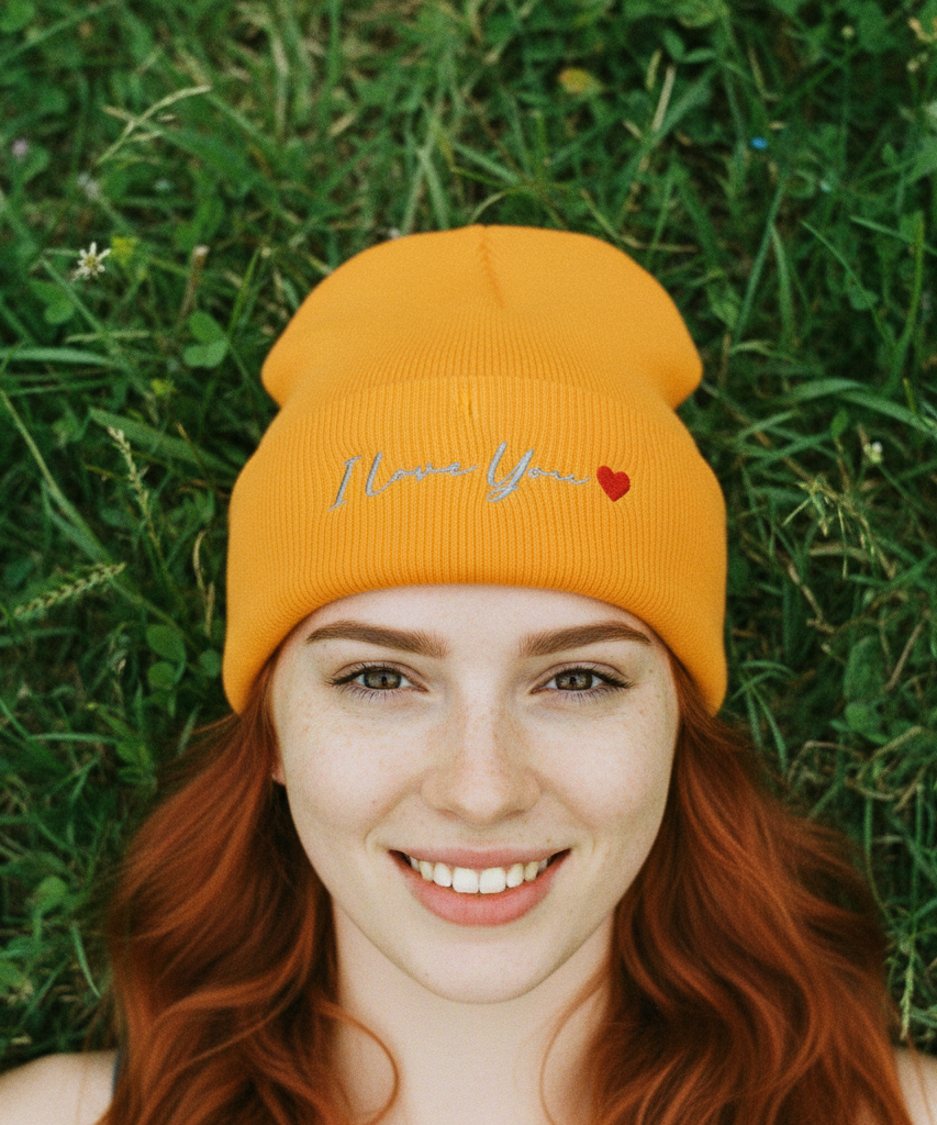 Person wearing a yellow beanie with 'I love you' text and heart symbol, standing in grass.