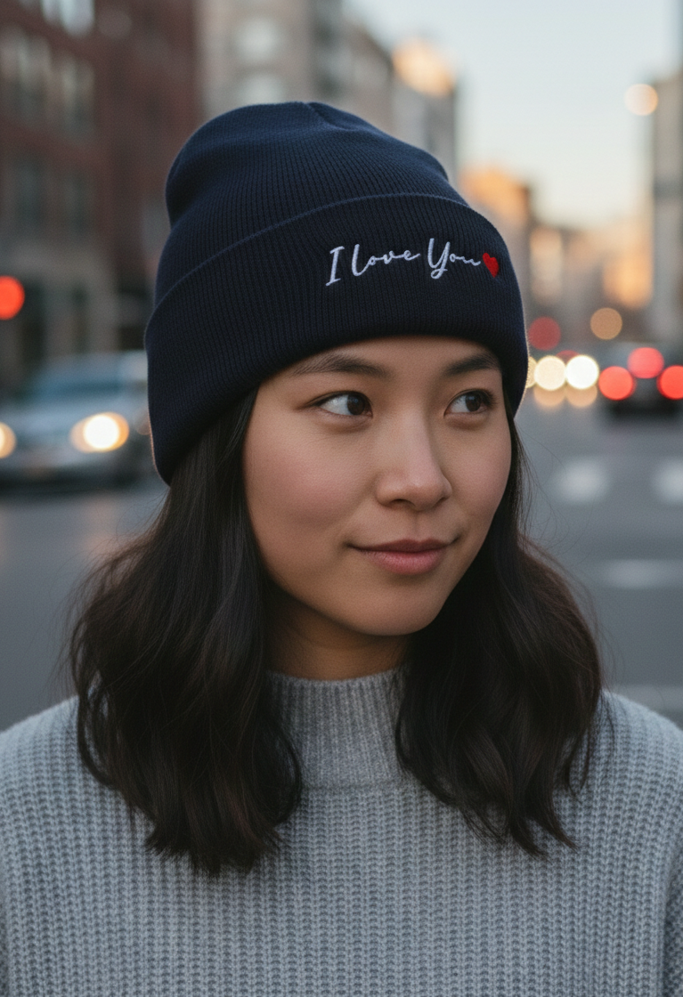 Woman wearing a black beanie with 'I love you' text, standing on a street with blurred lights in the background.