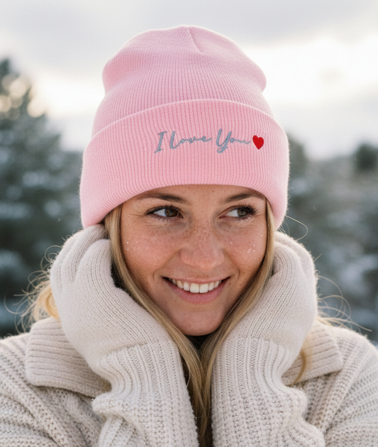 Person wearing a pink beanie with 'I love you' text and a heart symbol, standing outdoors in winter.