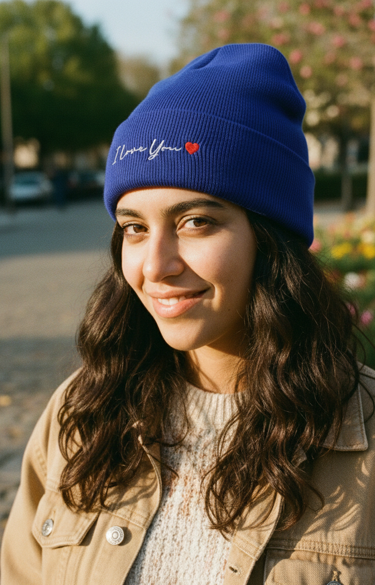 Woman wearing a blue beanie with text and a heart symbol, standing outdoors.