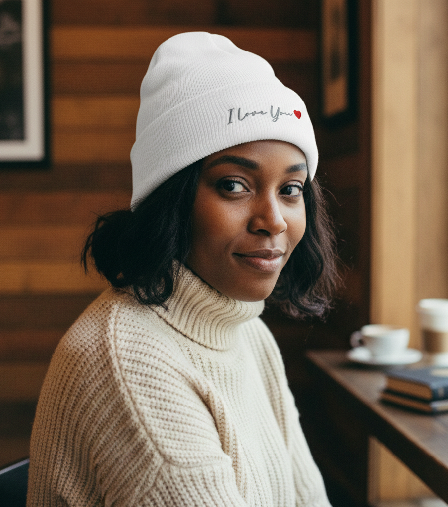Woman wearing a white beanie with 'I Love You' text, sitting indoors.