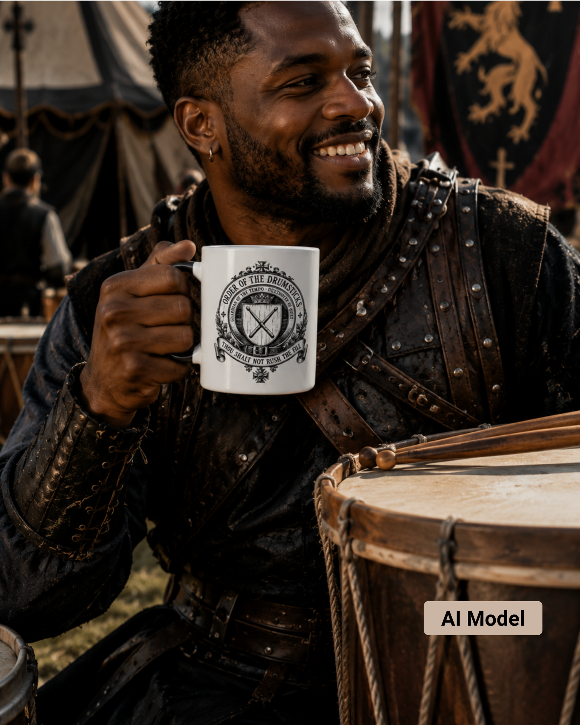 Man in medieval attire holding a mug with a crest, sitting next to a wooden drum.
