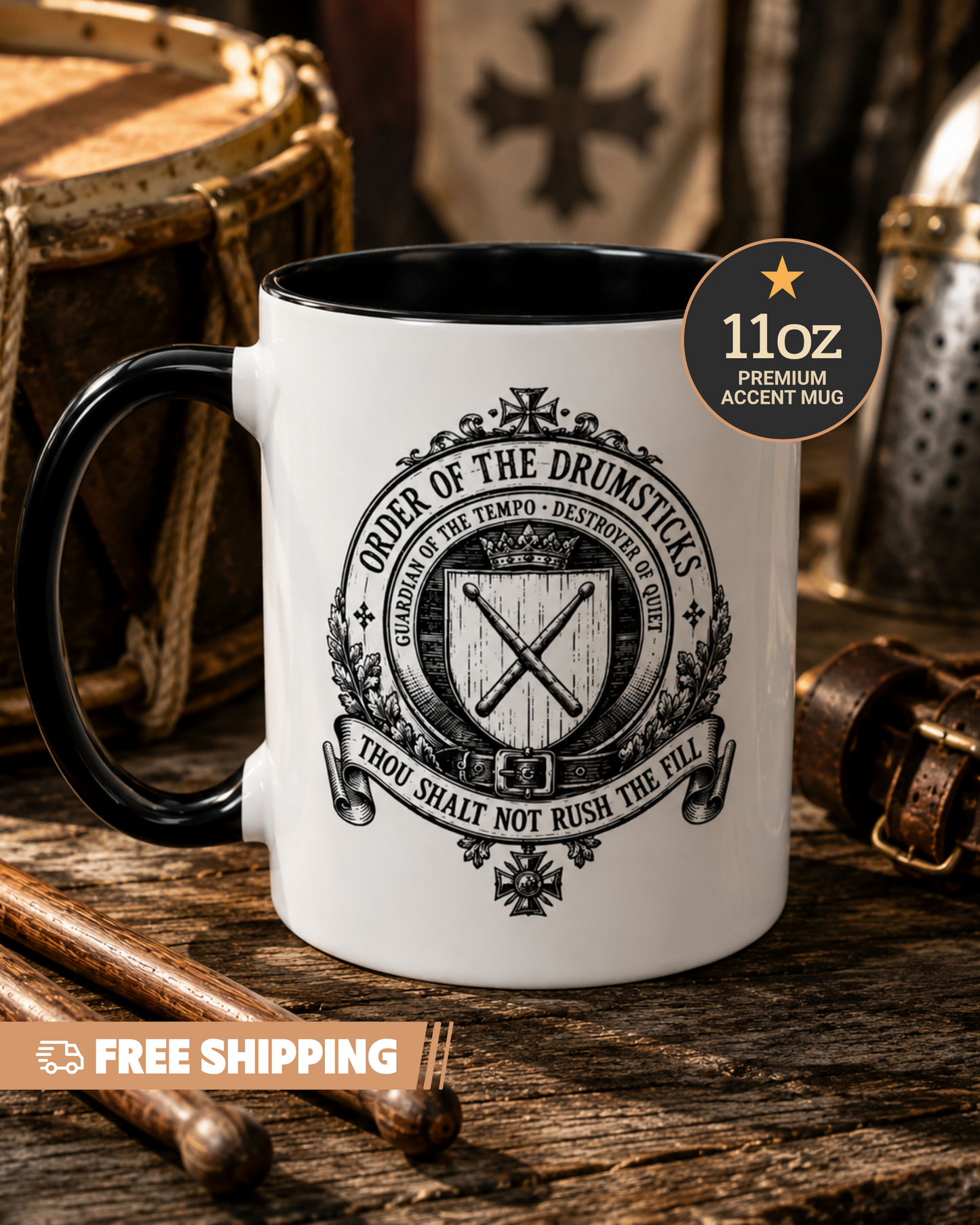 White mug with black handle featuring 'Order of the Drumsticks' design on a wooden surface.