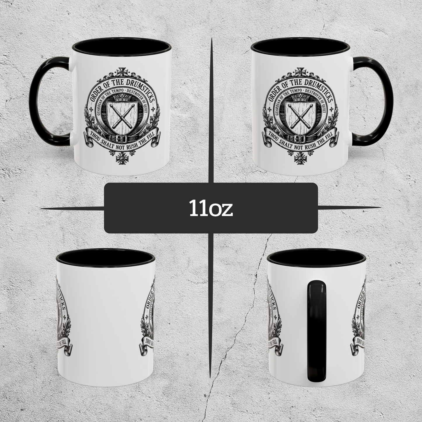 Four views of a white mug with black interior and handle, featuring a logo and text on a gray background.