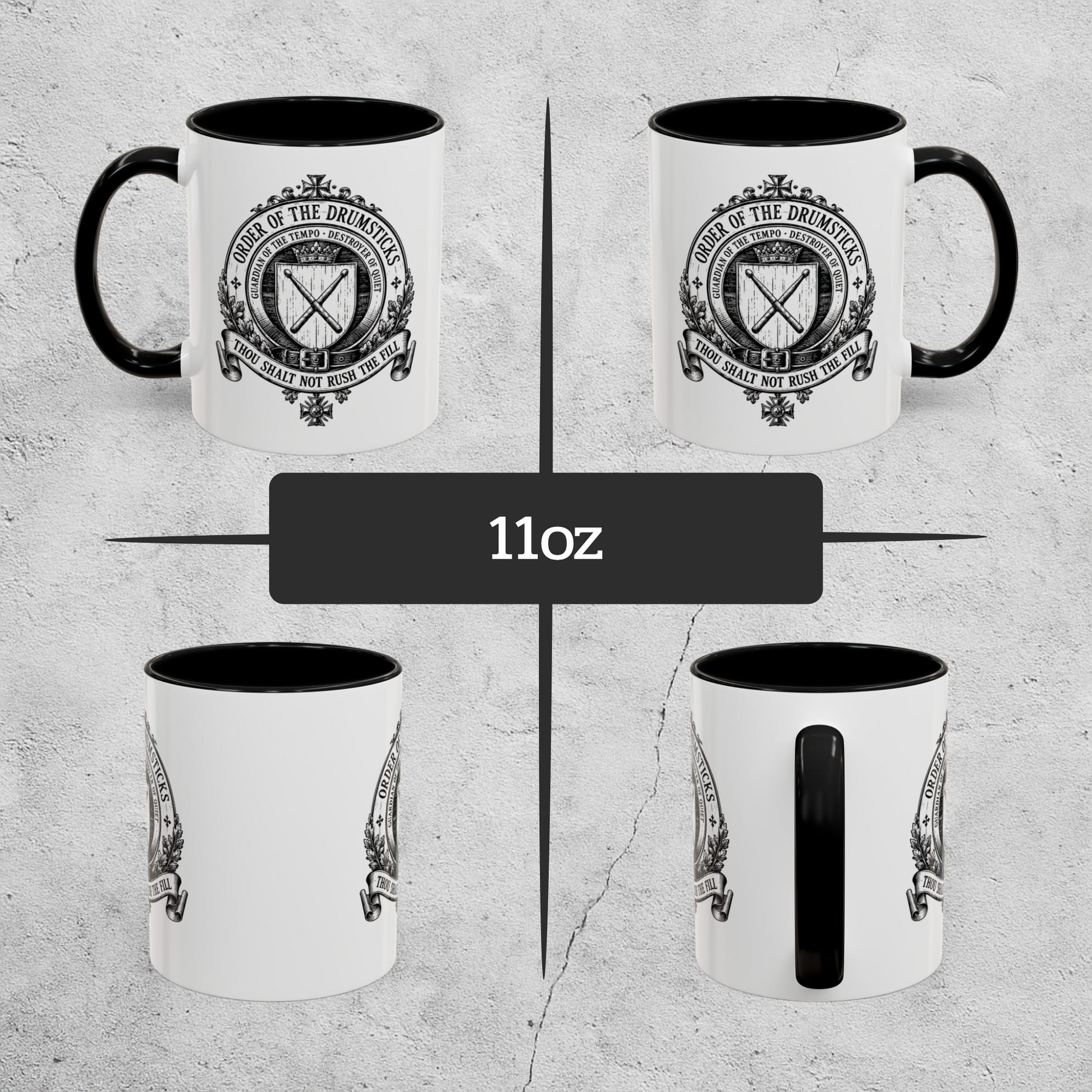 Four views of a white mug with black interior and handle, featuring a logo and text on a gray background.
