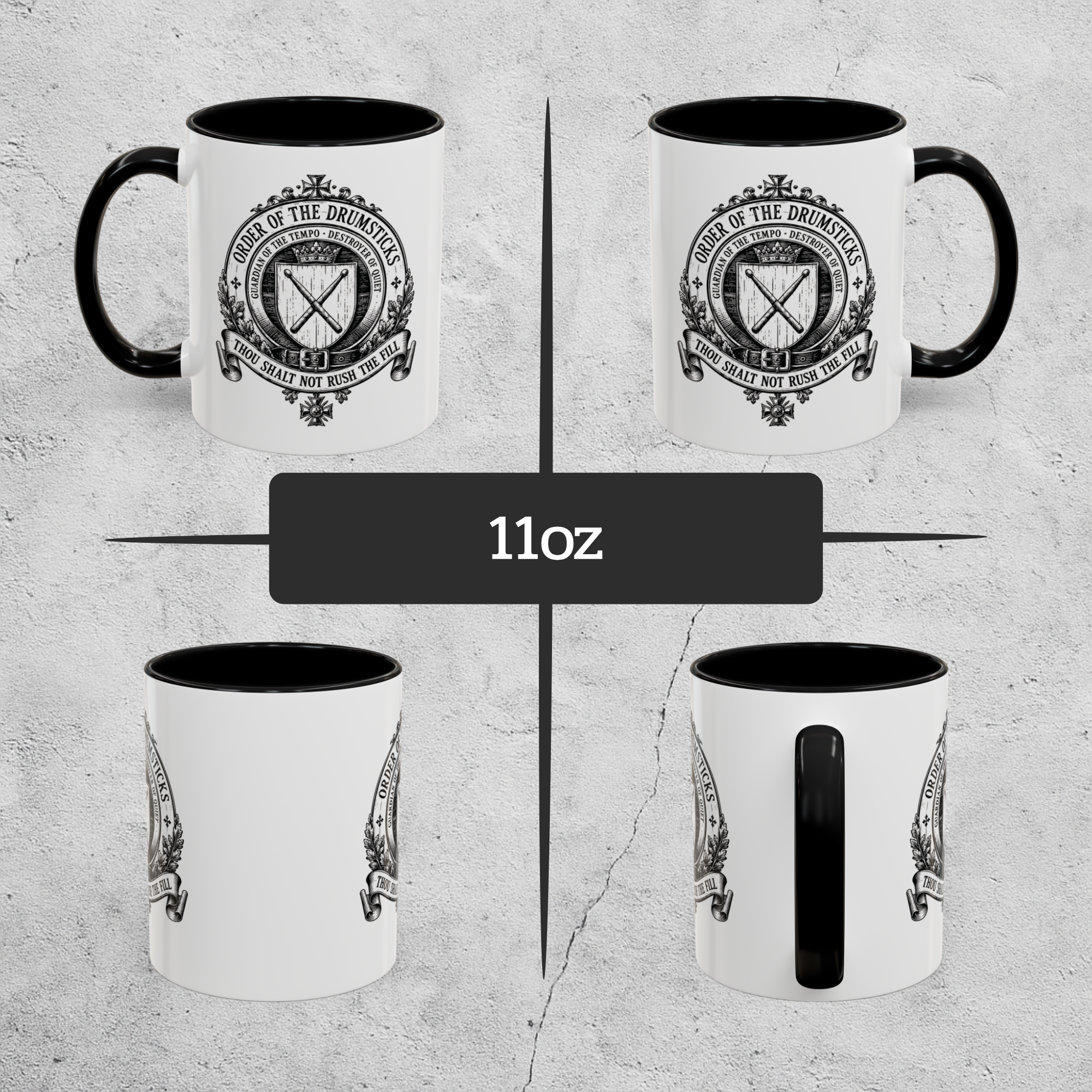 Four views of a white mug with black interior and handle, featuring a logo and text on a gray background.