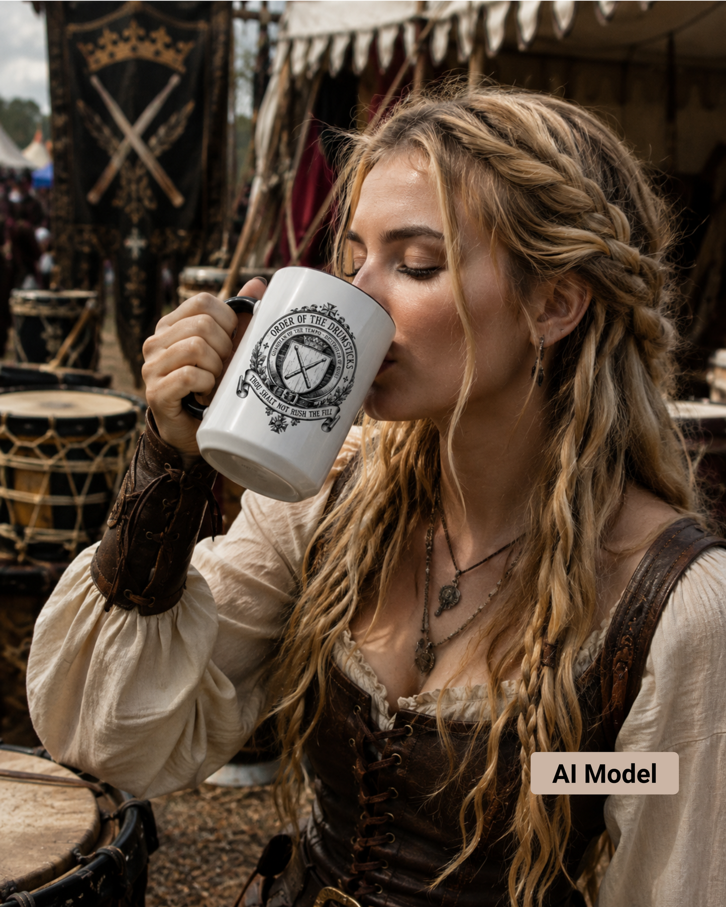 Person in historical costume drinking from a mug with a logo, set against a rustic background.