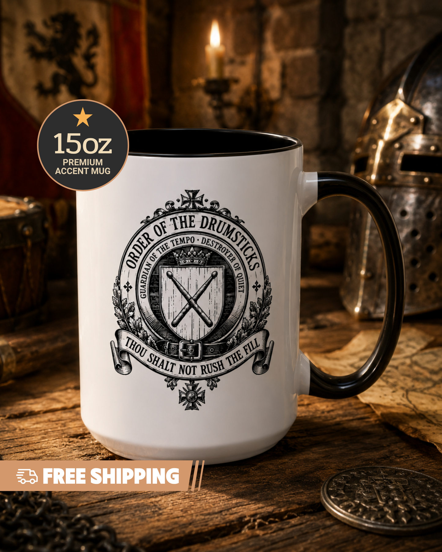 White mug with black handle featuring a decorative emblem on a wooden surface with free shipping text.
