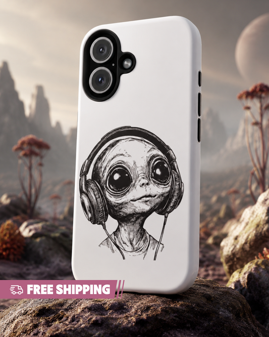 Phone case with alien design wearing headphones against a space-themed background