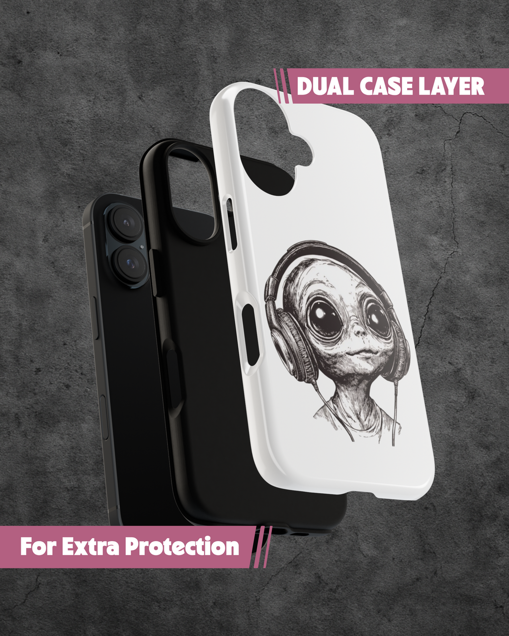 Phone case with alien design wearing headphones on a dark background