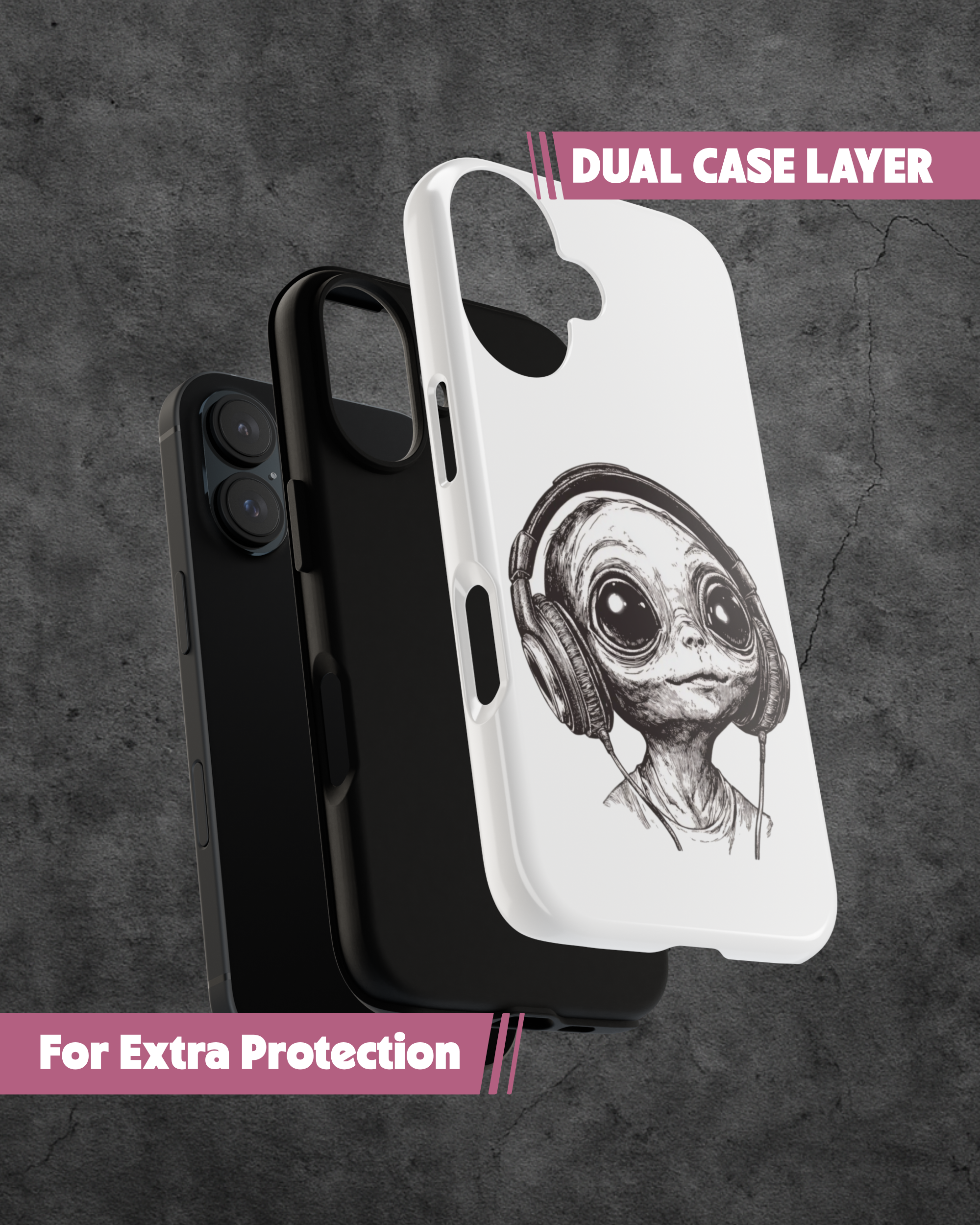 Phone case with alien design wearing headphones on a dark background