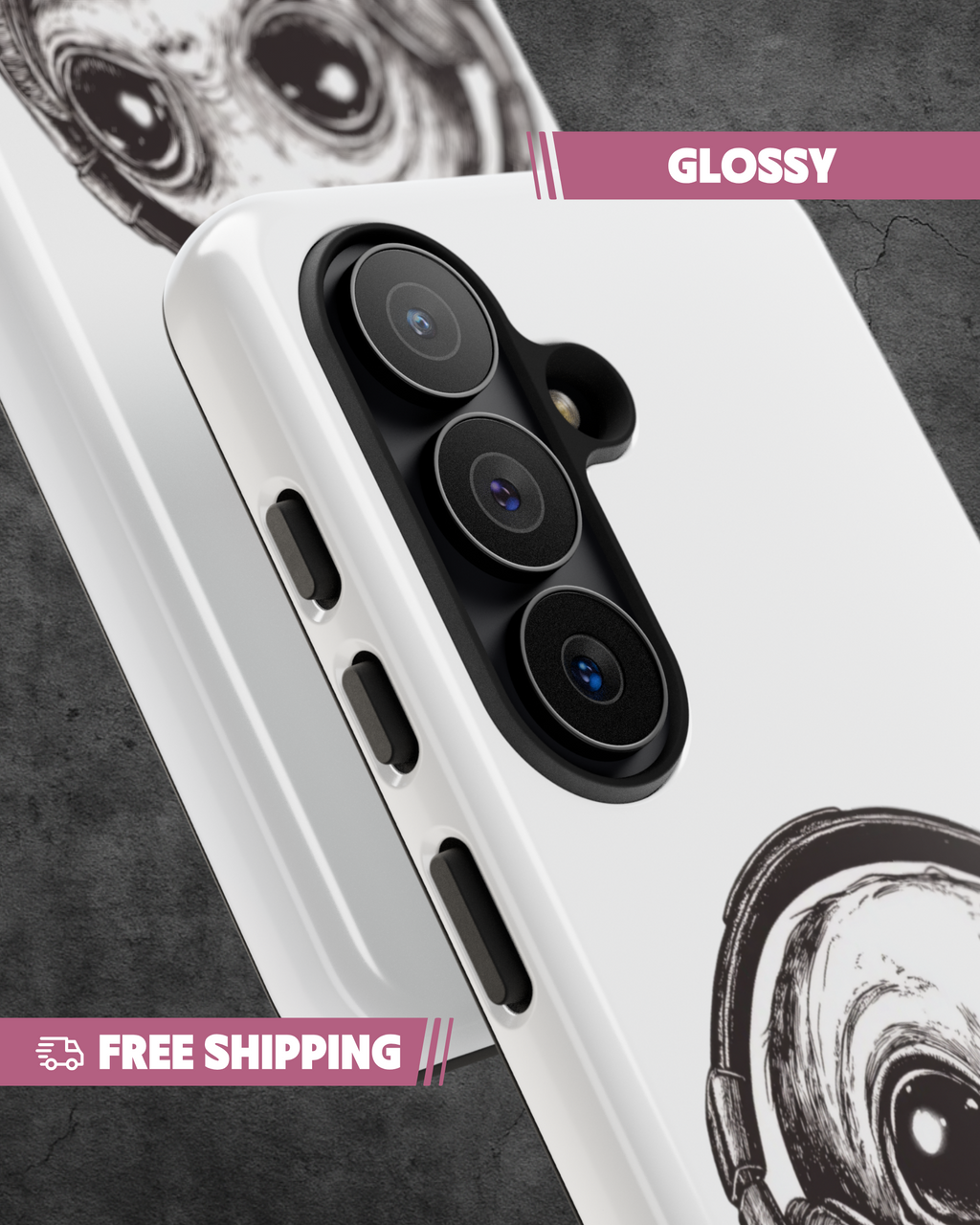 Phone case with camera design and free shipping text on a dark background