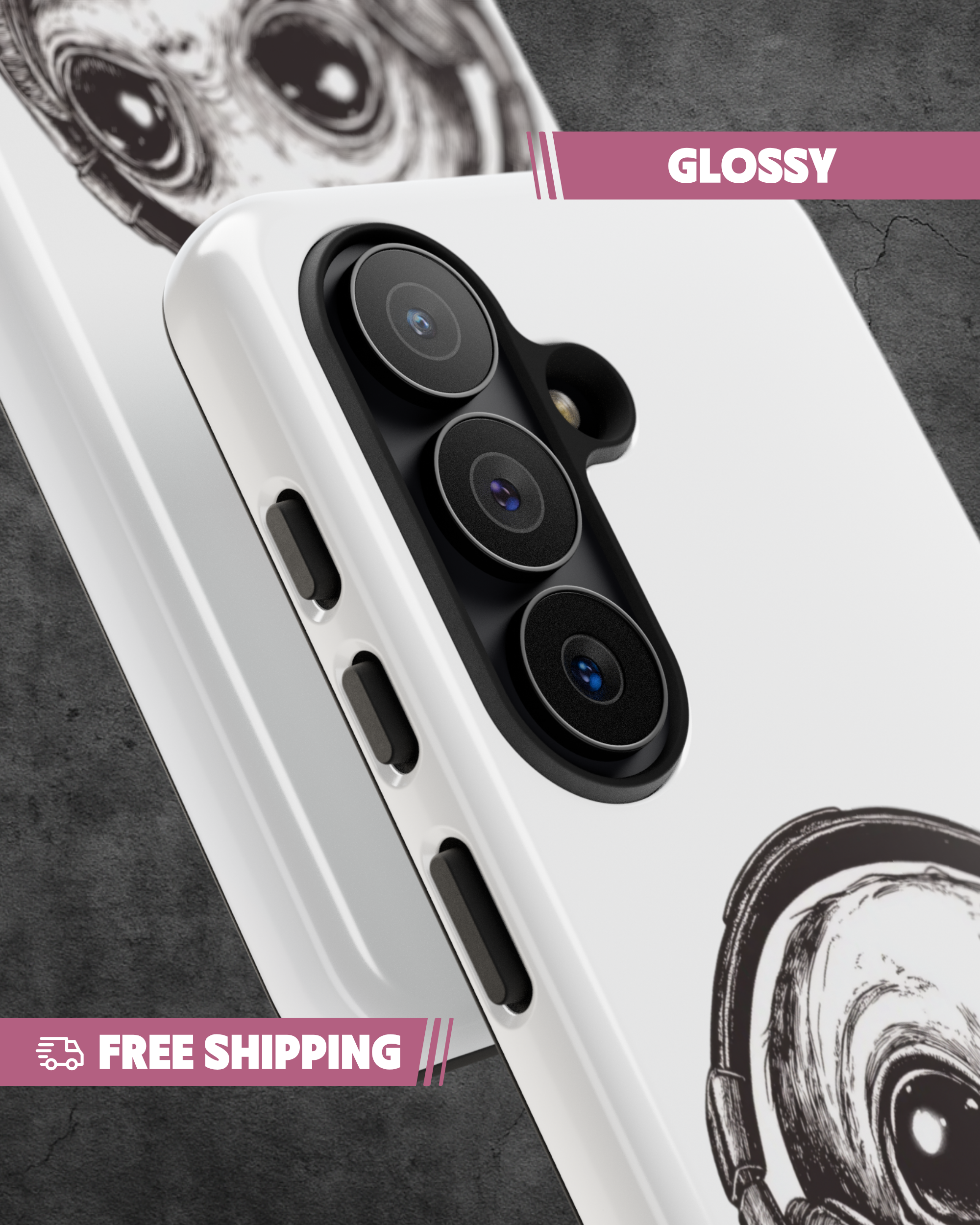 Phone case with camera design and free shipping text on a dark background