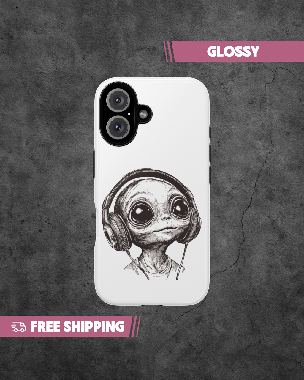 Phone case with alien design wearing headphones on a textured gray background