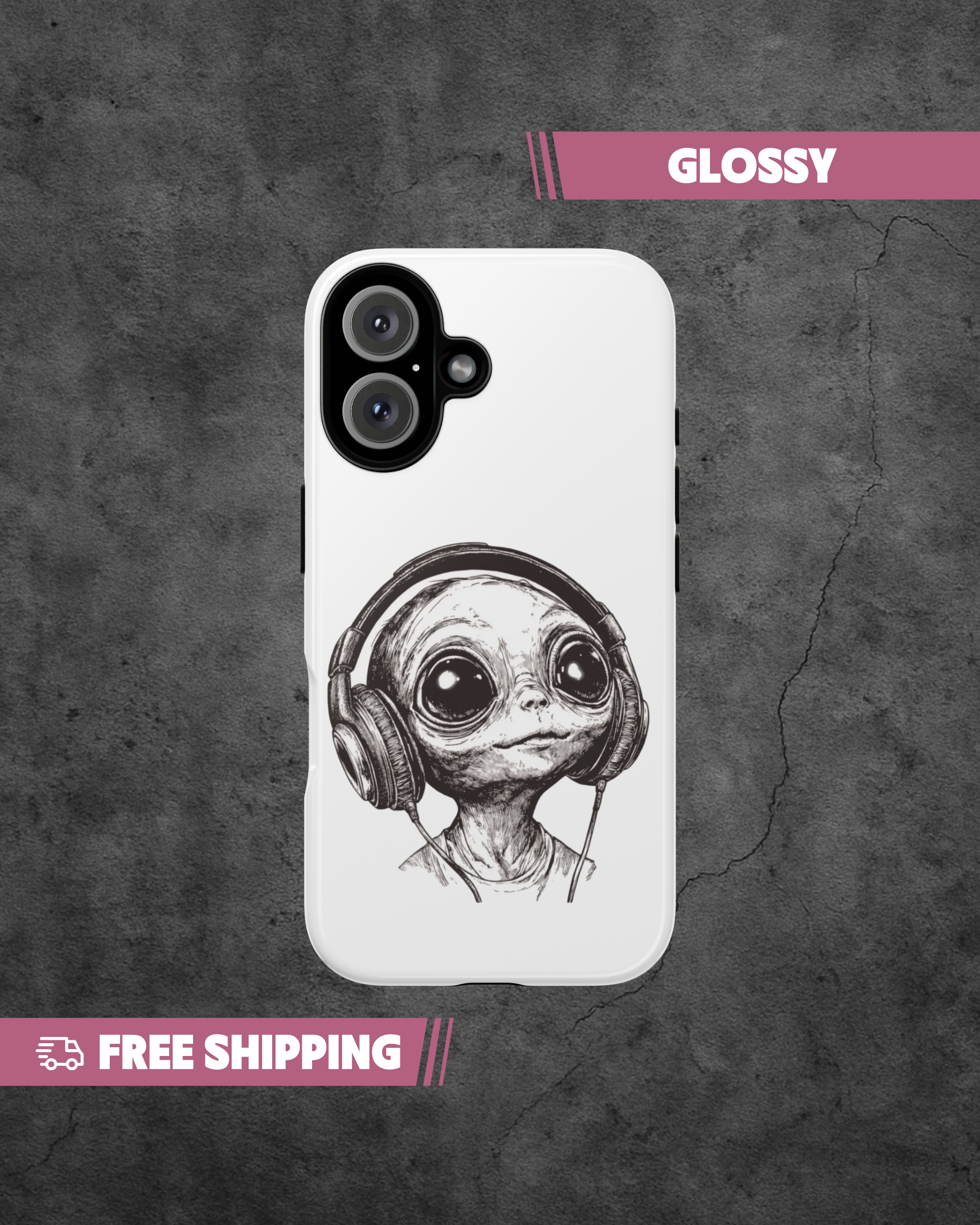 Phone case with alien design wearing headphones on a textured gray background