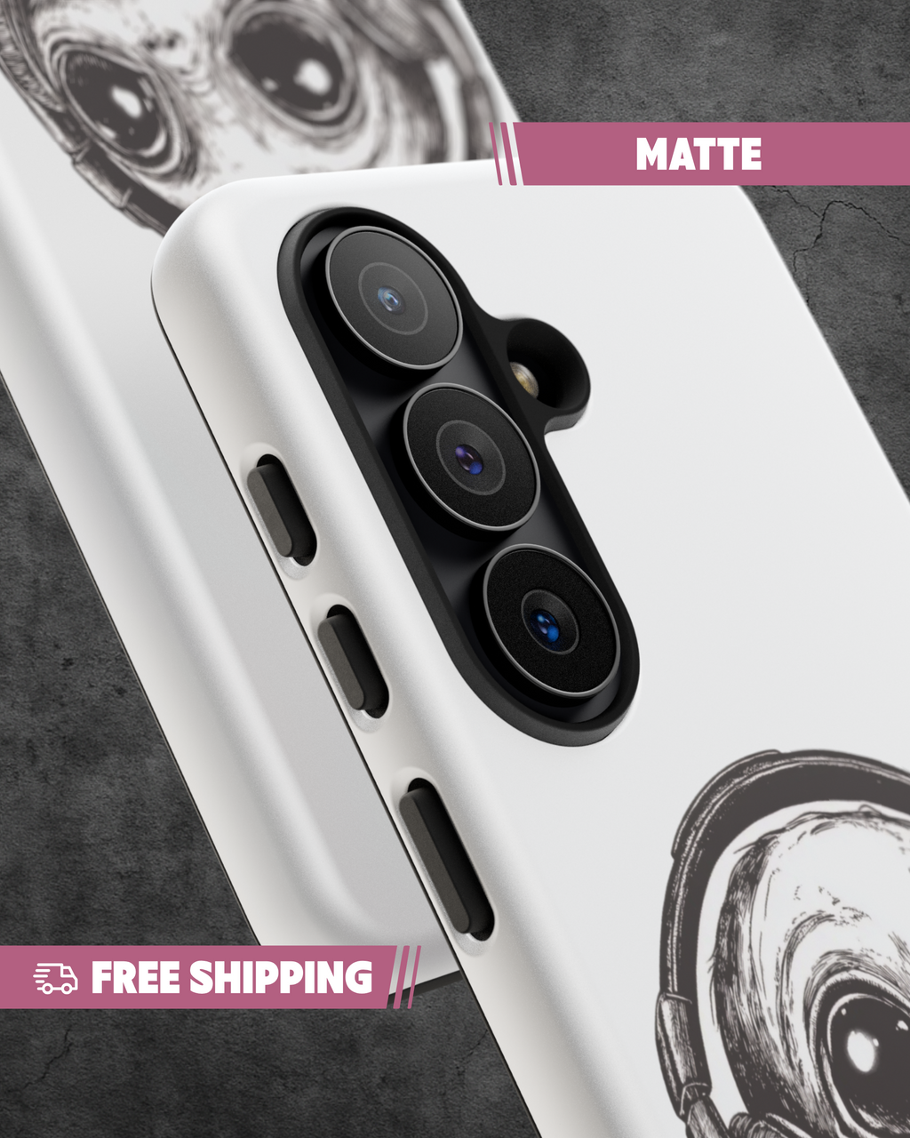Phone case with camera lens design on a dark background