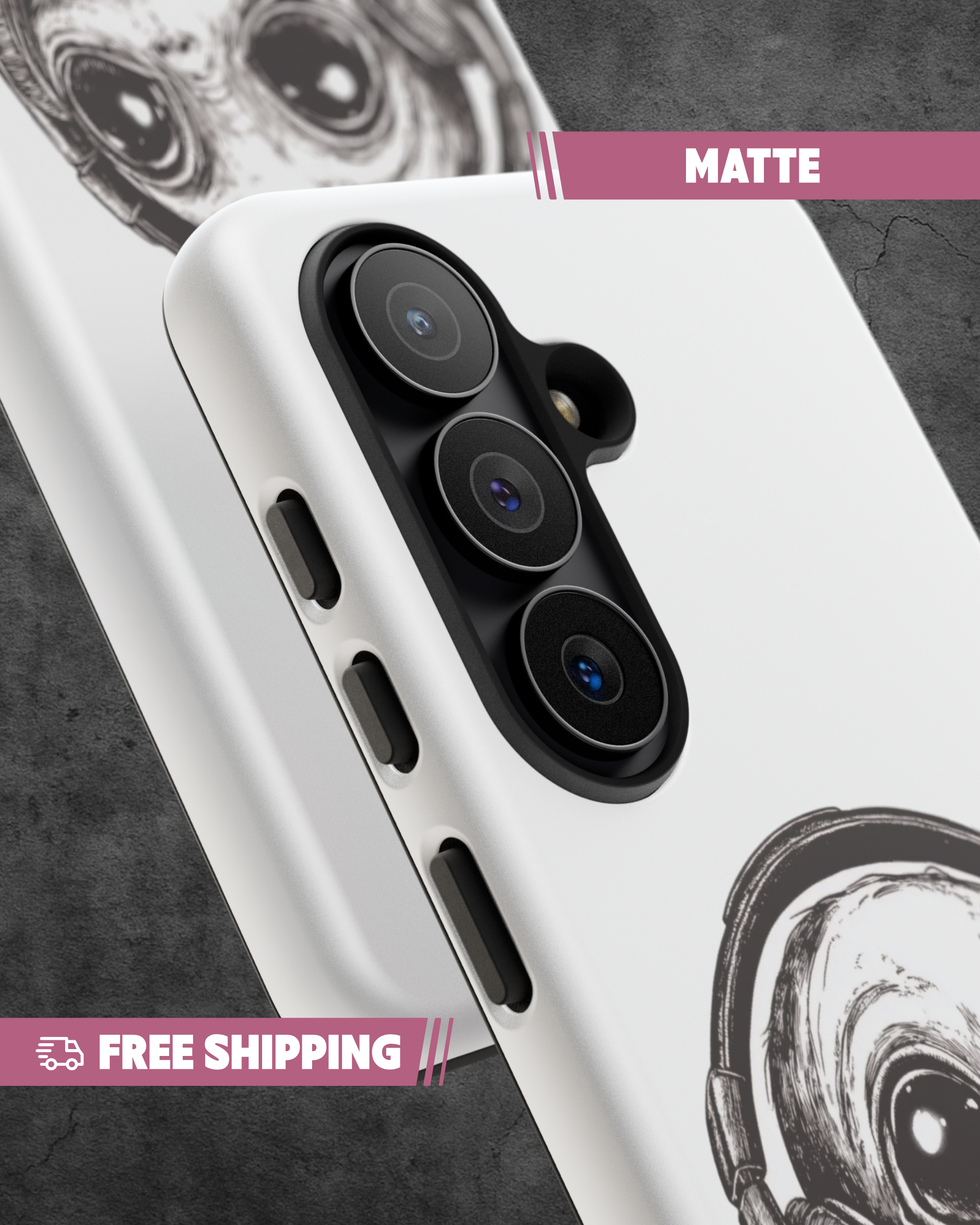Phone case with camera lens design on a dark background