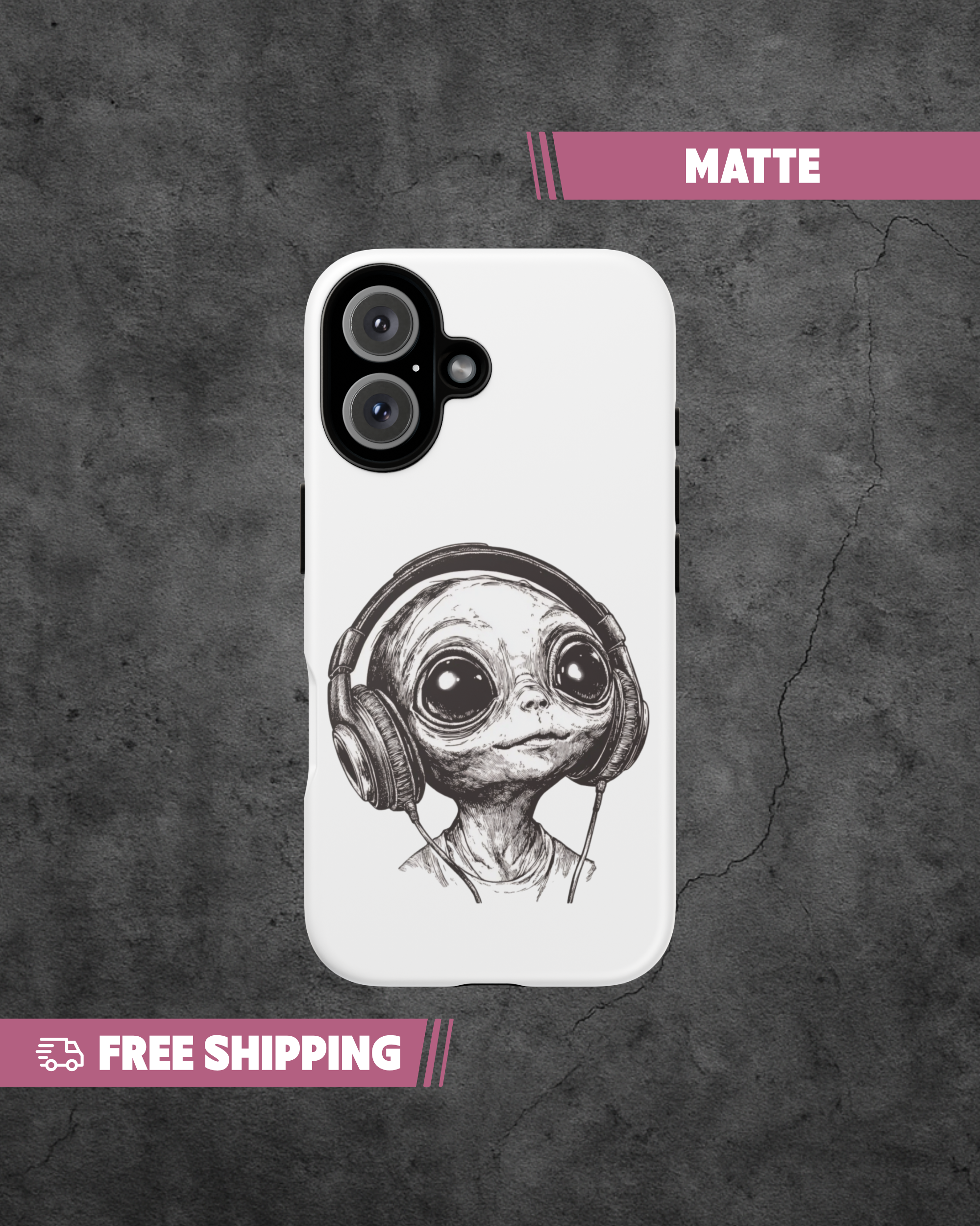 Phone case with alien design wearing headphones on a textured gray background