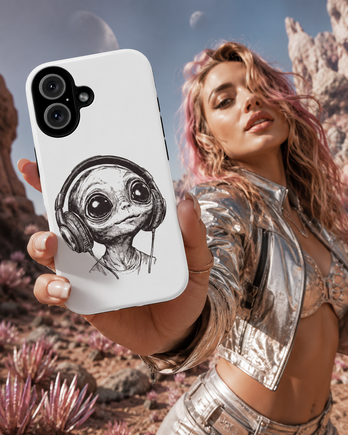 Person holding a phone case with an alien design in a desert setting