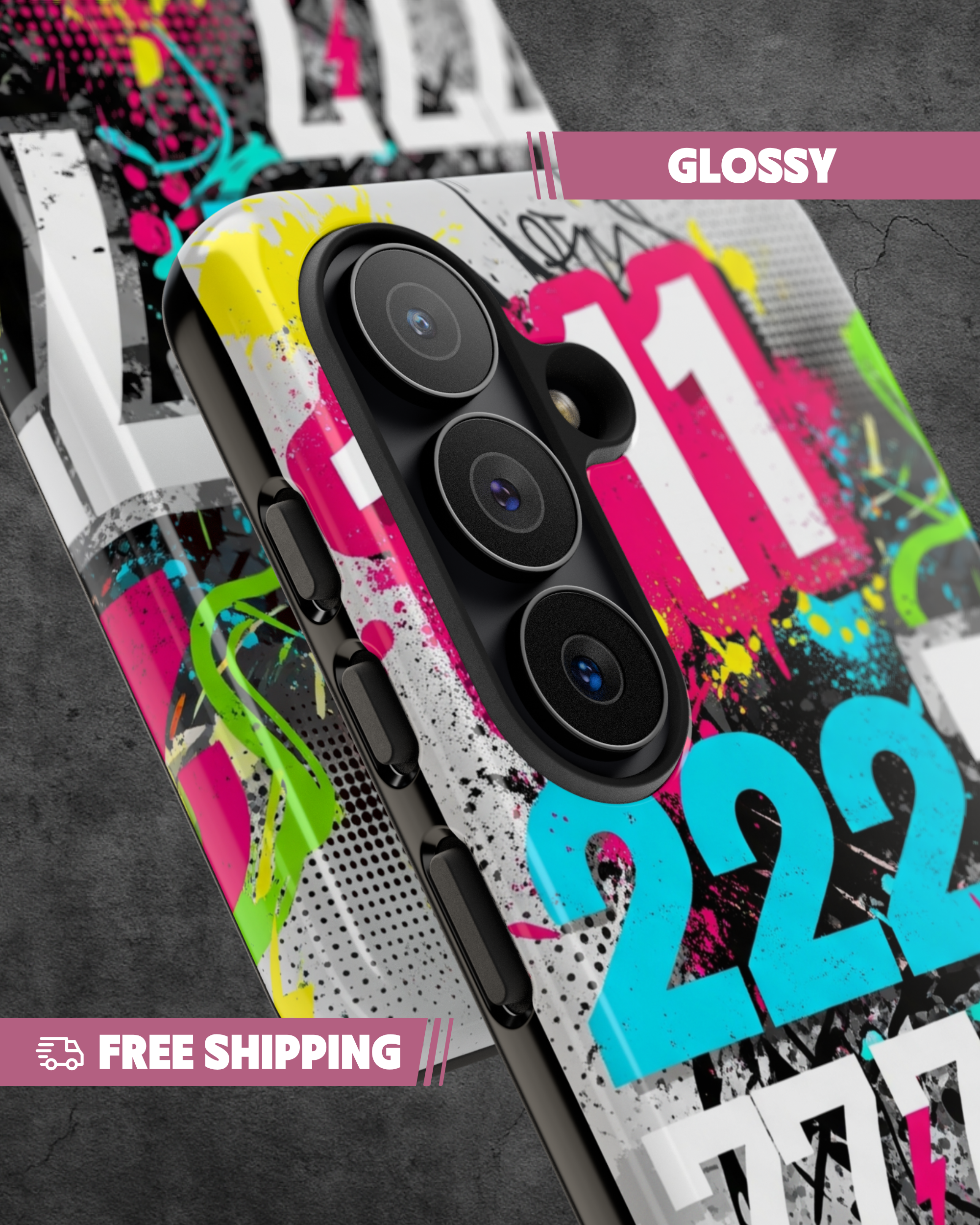 Phone case with colorful graffiti design on a dark background