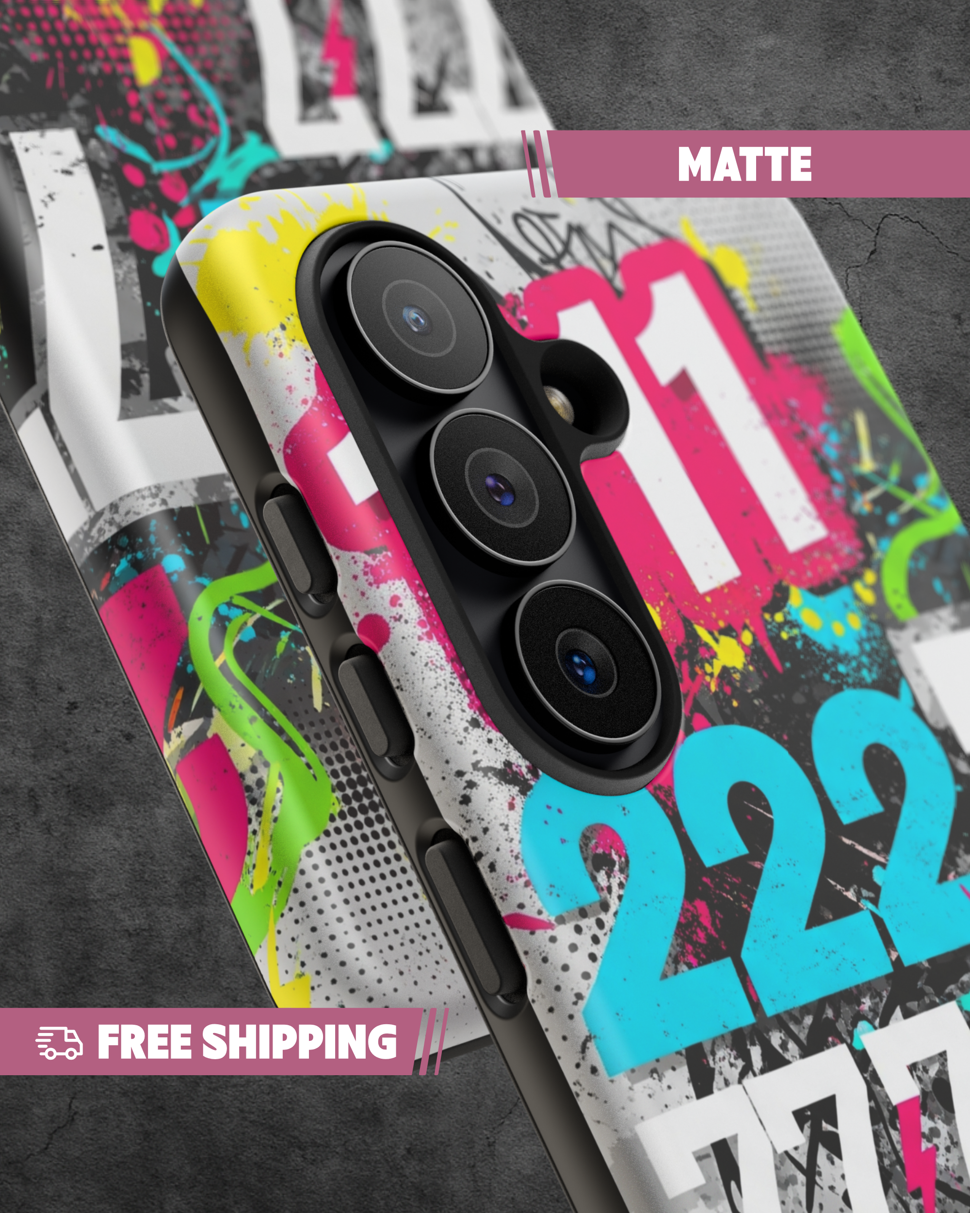 Phone case with colorful design and 'FREE SHIPPING' text on a dark background