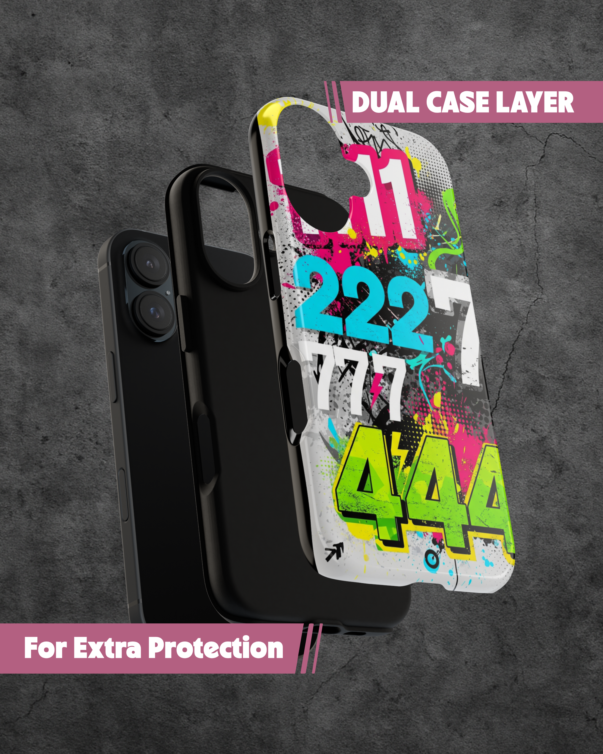 Phone case with colorful numbers and text on a dark background
