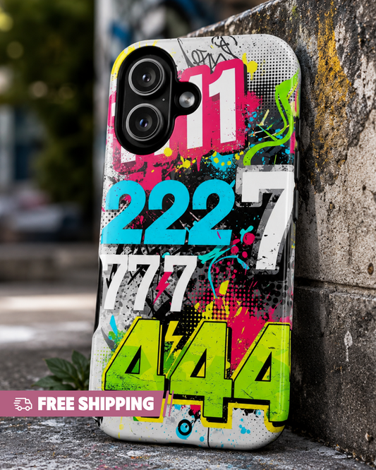 Colorful phone case with numbers and graffiti-style design leaning against a wall.