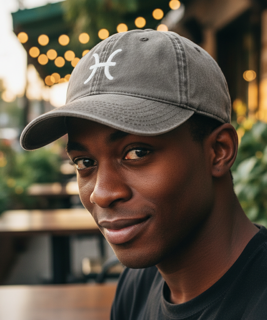Man wearing a gray cap with a pisces  logo, standing outdoors with blurred background