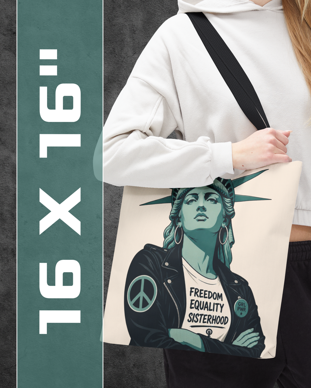 Person holding a tote bag with a stylized depiction of the Statue of Liberty wearing a jacket with 'Freedom Equality Sisterhood' text.