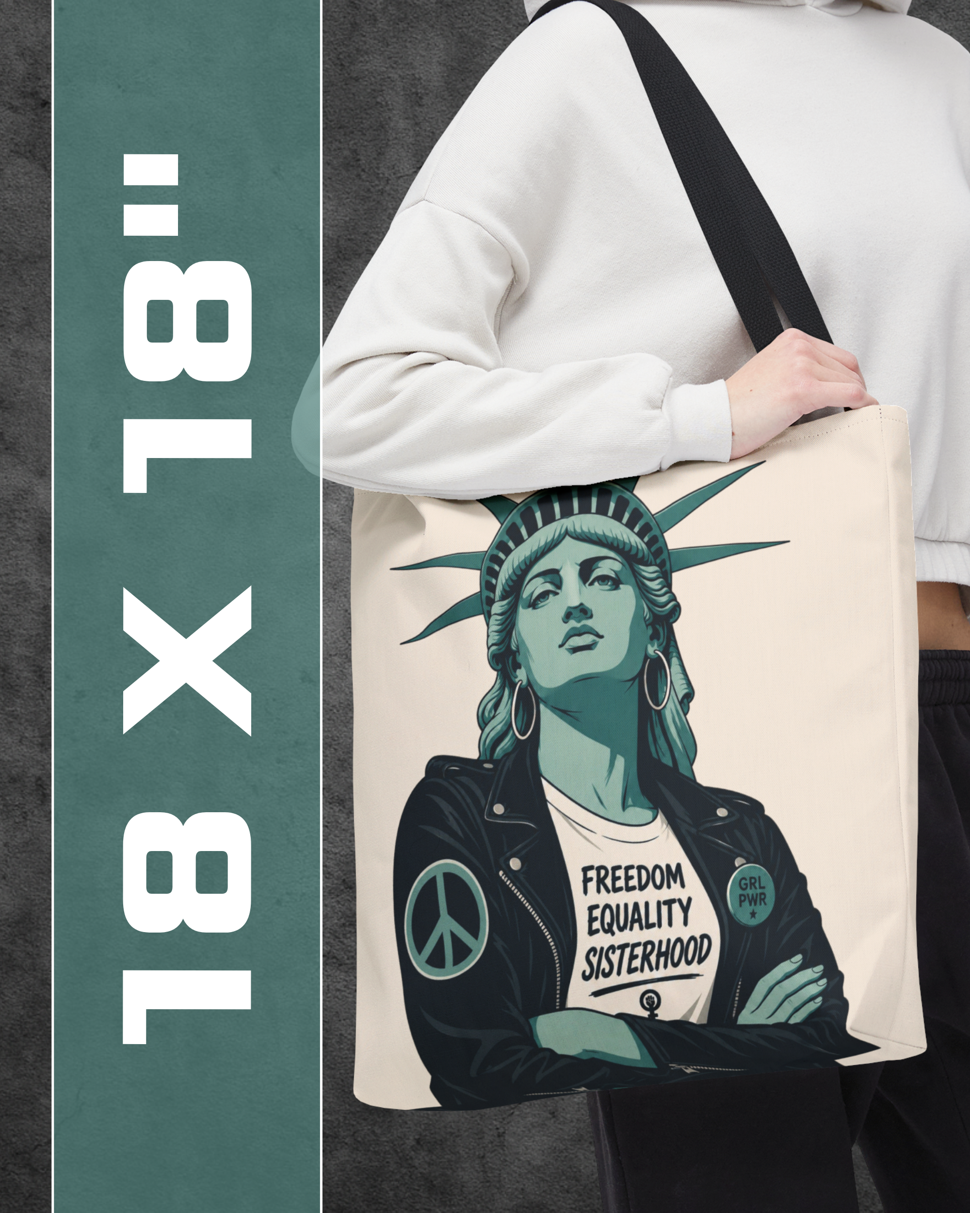 Person holding a tote bag with a graphic design of a stylized Statue of Liberty and text, with '18 x 18' displayed on the side.