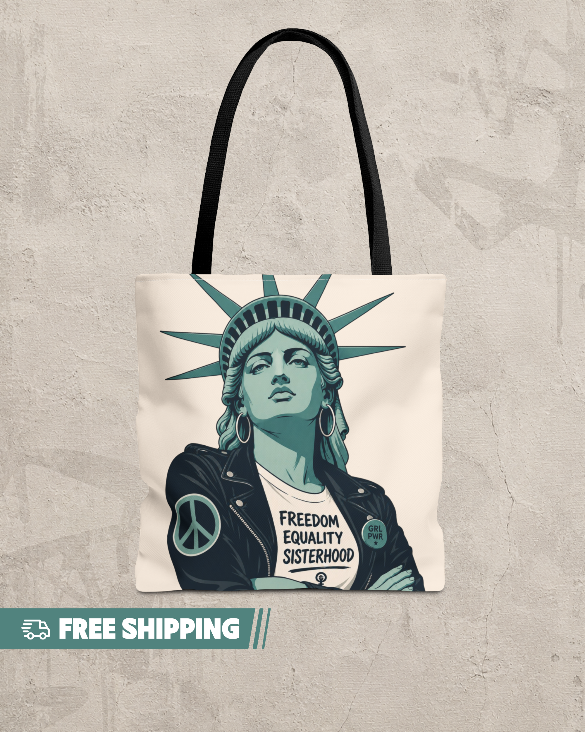 Tote bag with a stylized depiction of the Statue of Liberty on a textured gray background