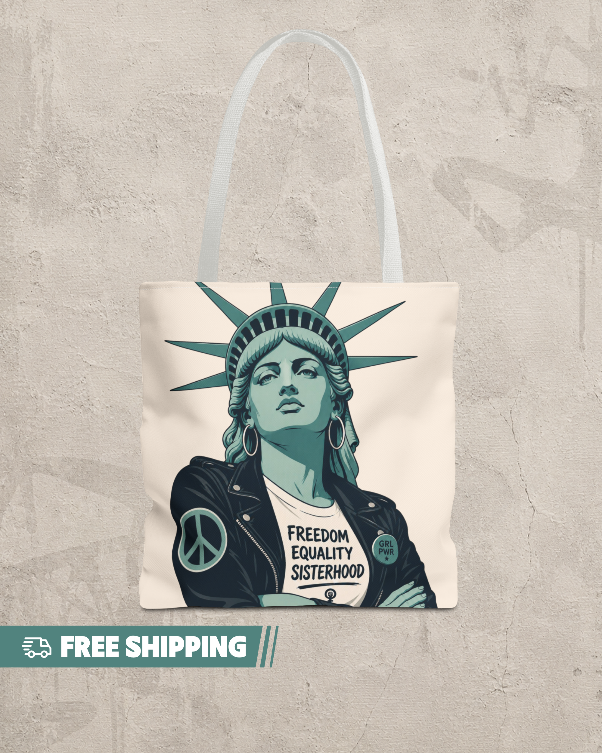 Tote bag with a design of a stylized figure wearing a jacket with text, on a gray background.