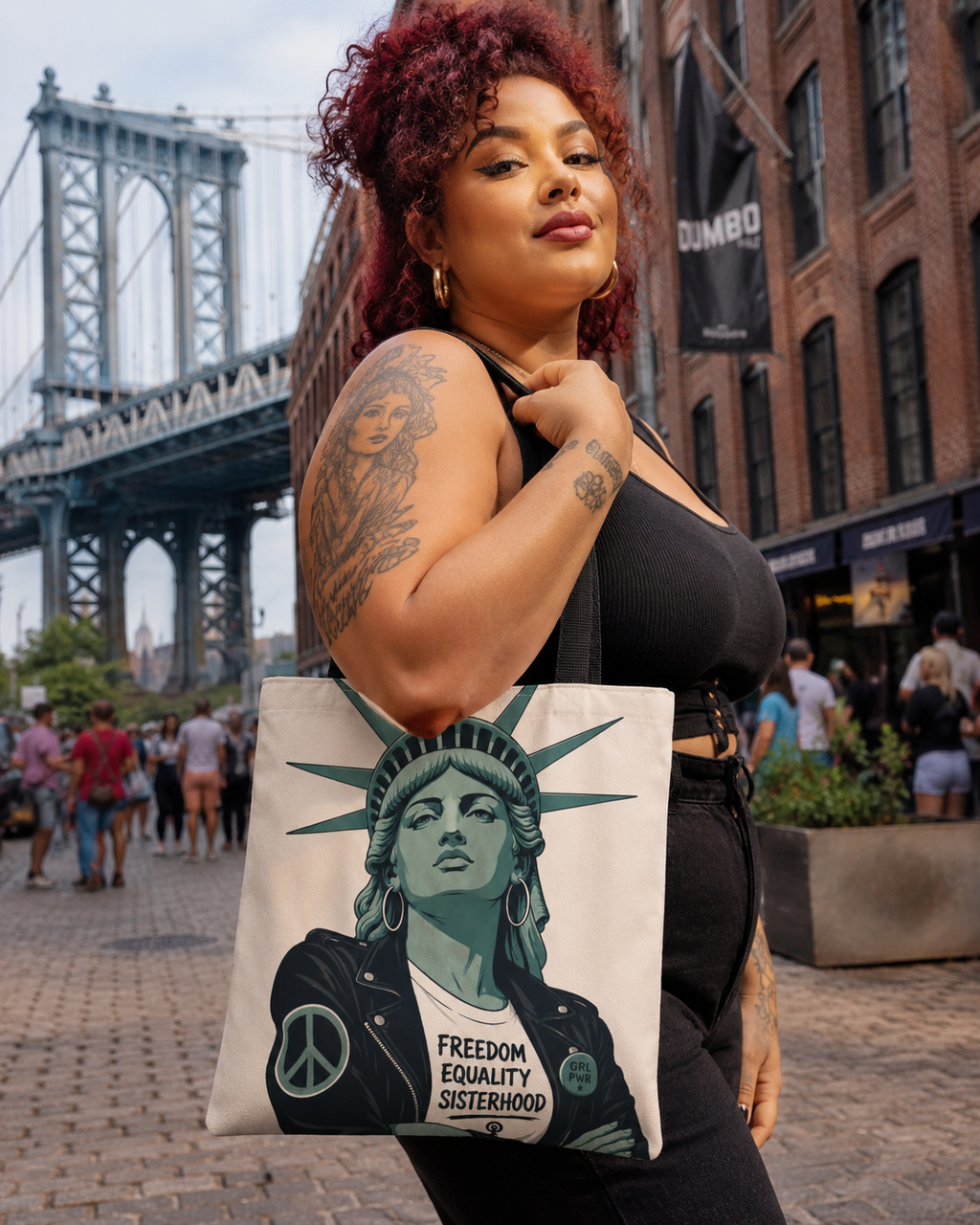 Woman holding a tote bag with a design of the Statue of Liberty and text, standing in an urban setting with a bridge in the background.