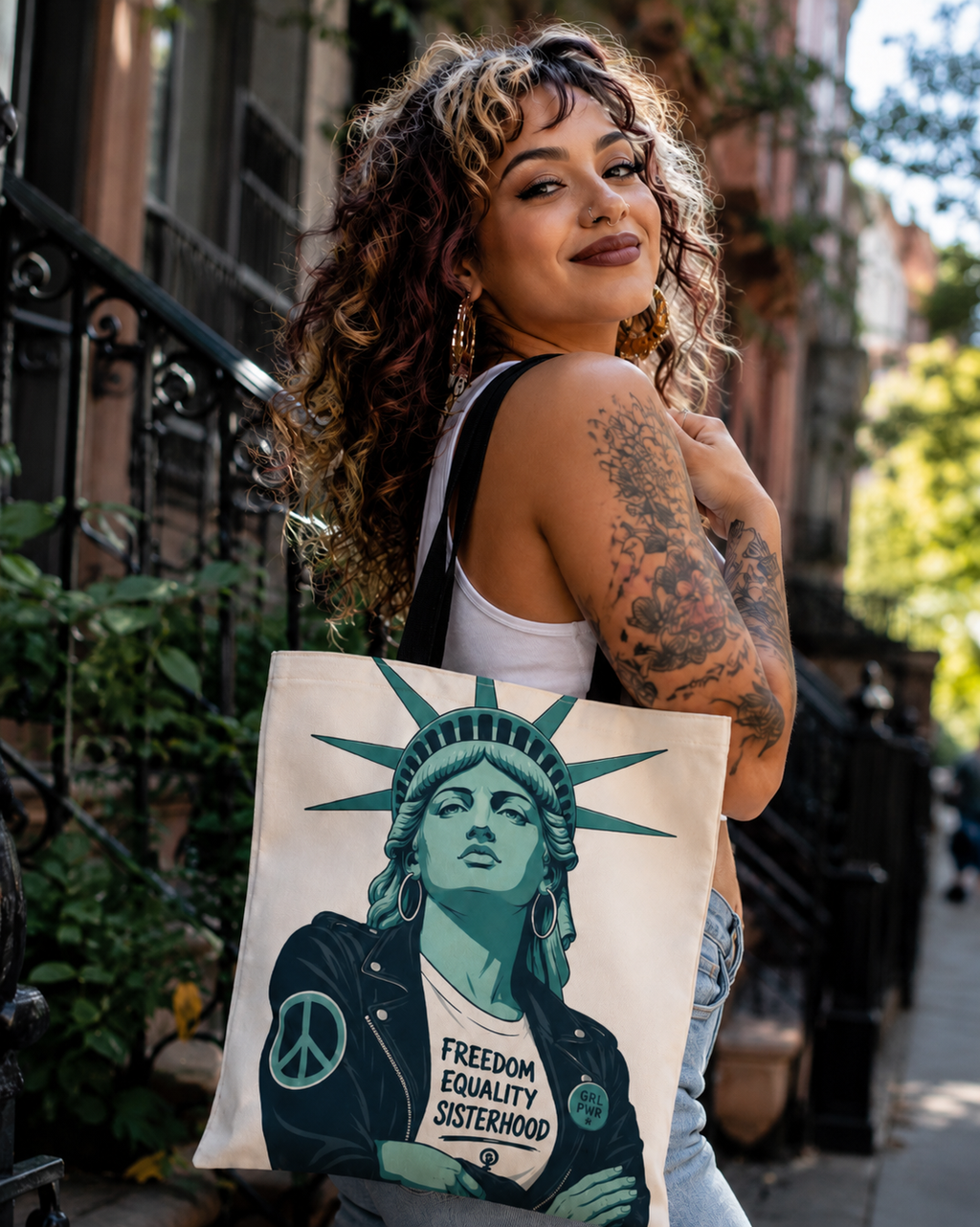 Woman holding a tote bag with a design of the Statue of Liberty and text outdoors.