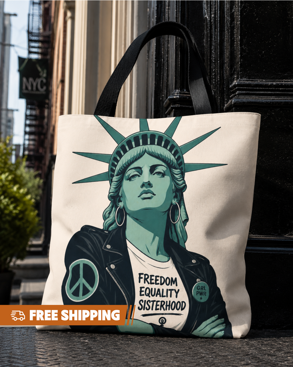 Tote bag with Statue of Liberty design wearing a leather jacket with text on it, outdoors.