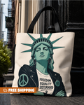 Tote bag with Statue of Liberty design wearing a leather jacket with text on it, outdoors.