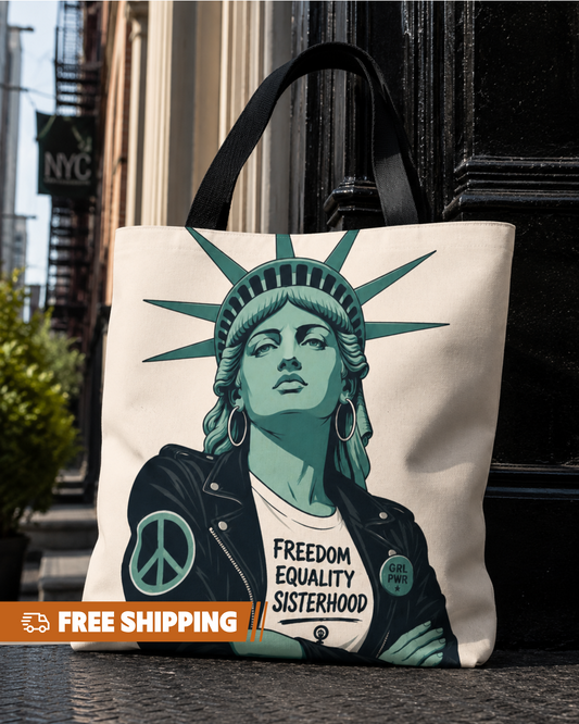 Tote bag with Statue of Liberty design wearing a leather jacket with text on it, outdoors.