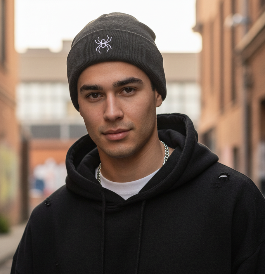 Person wearing a black beanie with a spider logo and black hoodie in an urban setting