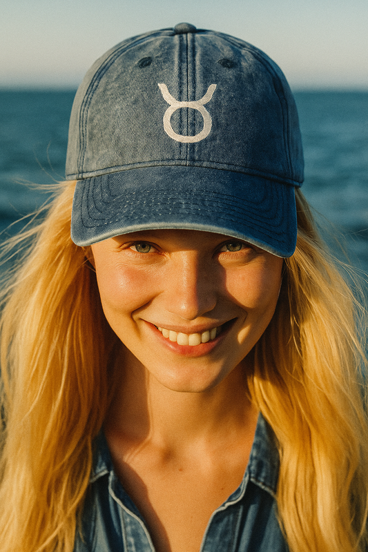 Woman wearing a denim cap with a taurus symbol on it, standing in front of an ocean view.
