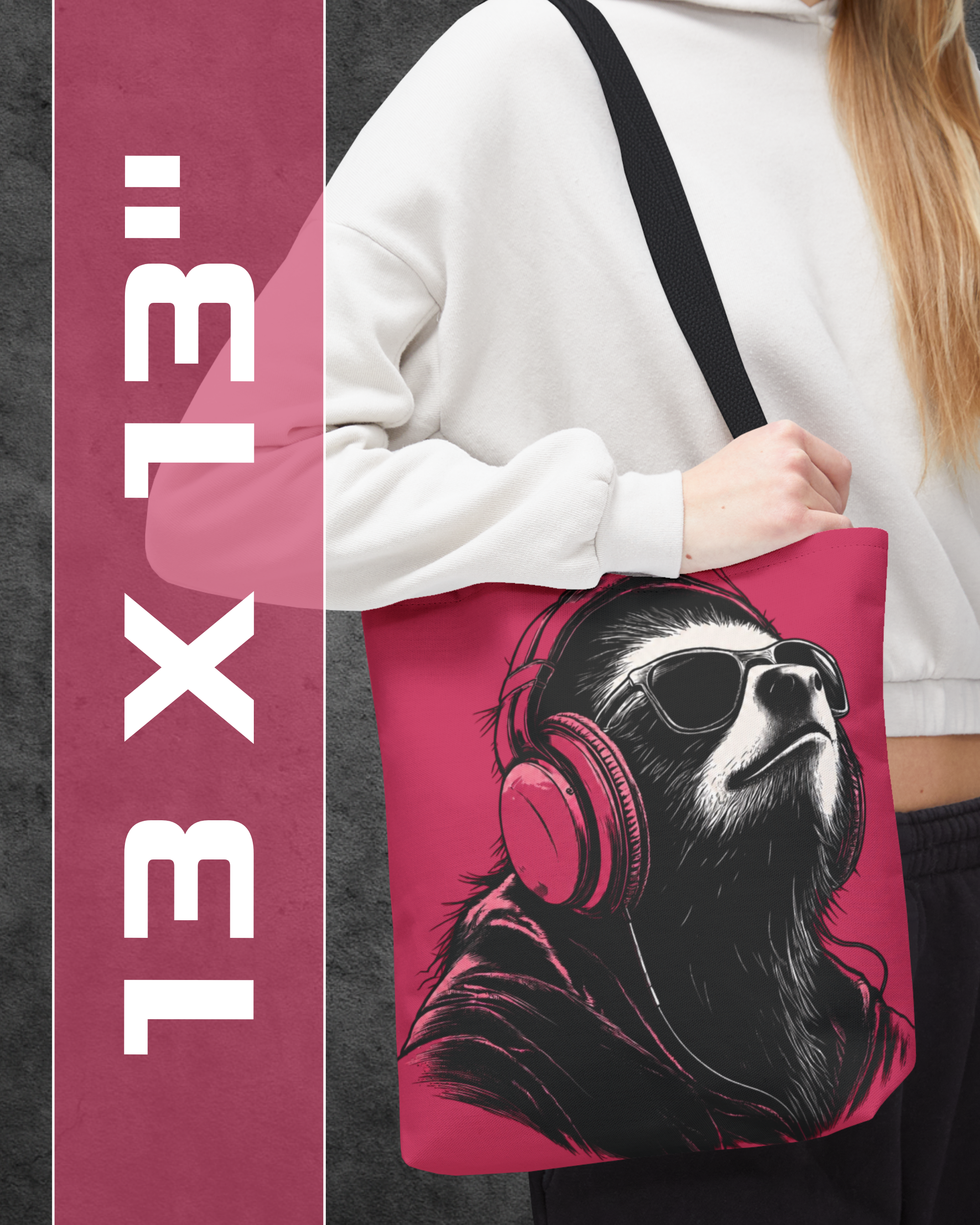 Person holding a pink tote bag with a sloth wearing headphones design.