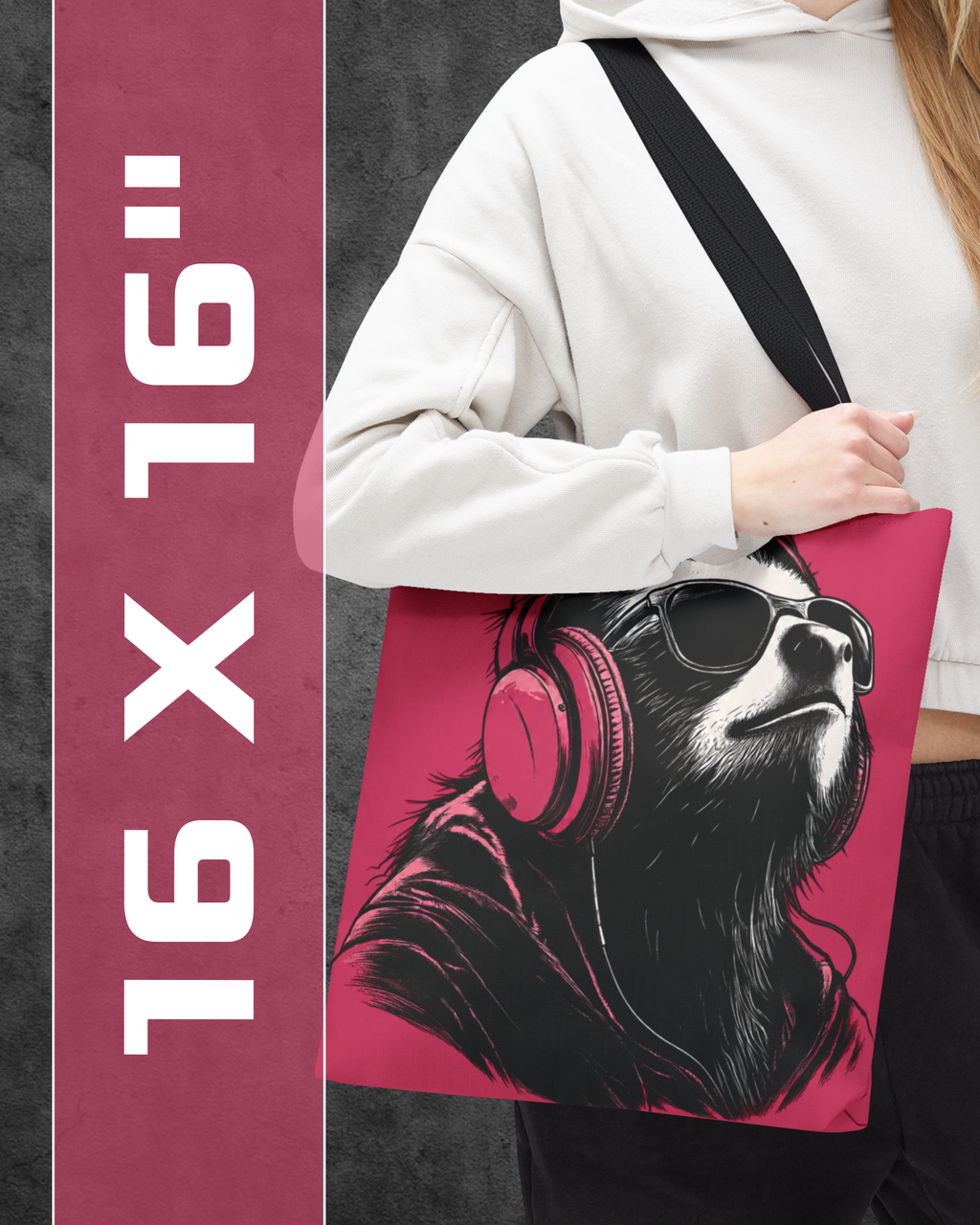 Person holding a pink tote bag with a bear design and text '16 x 16"'.