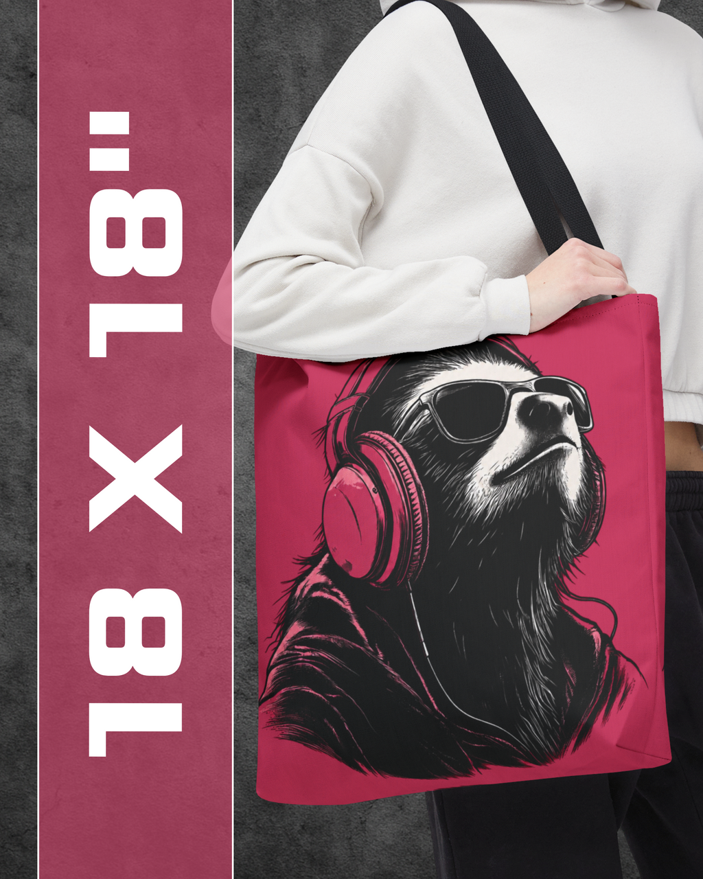 Person holding a tote bag with a design of a sloth wearing headphones and sunglasses, against a dark background.