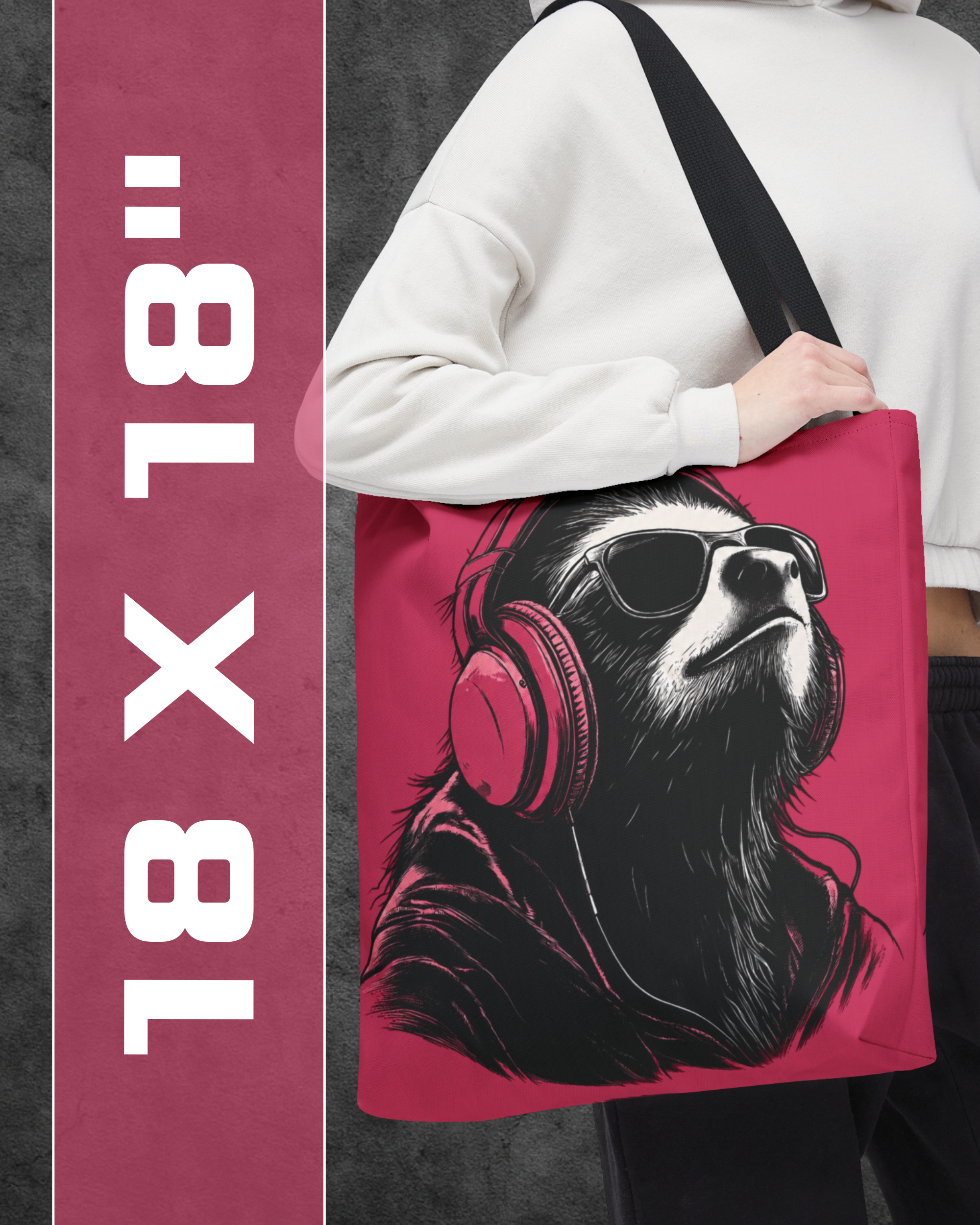 Person holding a tote bag with a design of a sloth wearing headphones and sunglasses, against a dark background.