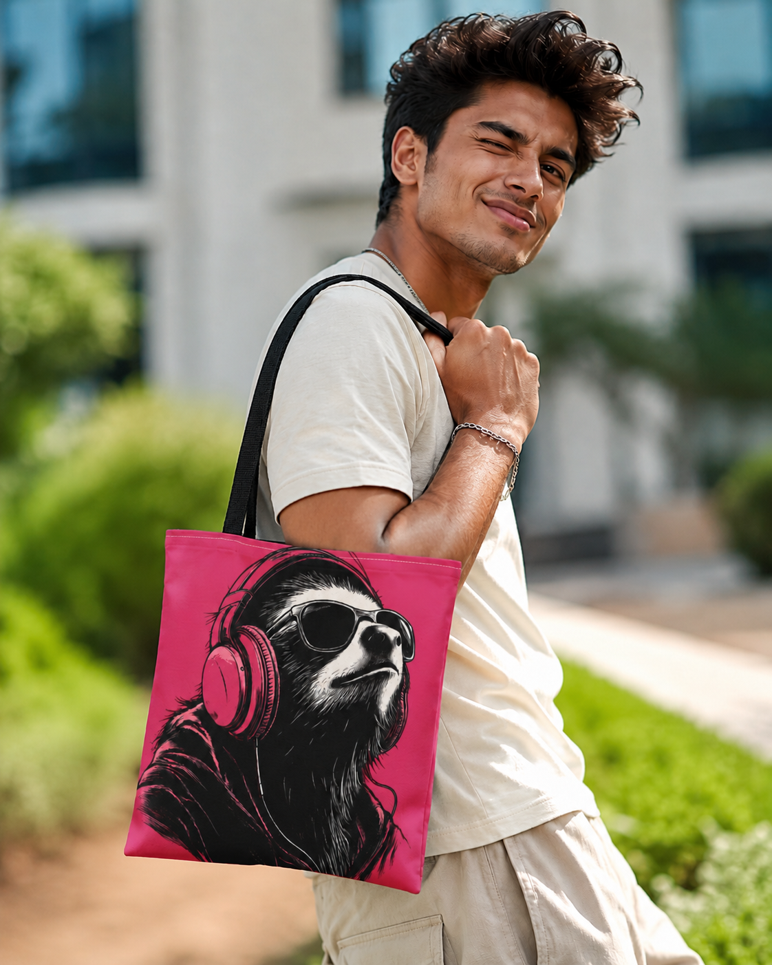 Man holding a pink tote bag with a sloth design outdoors