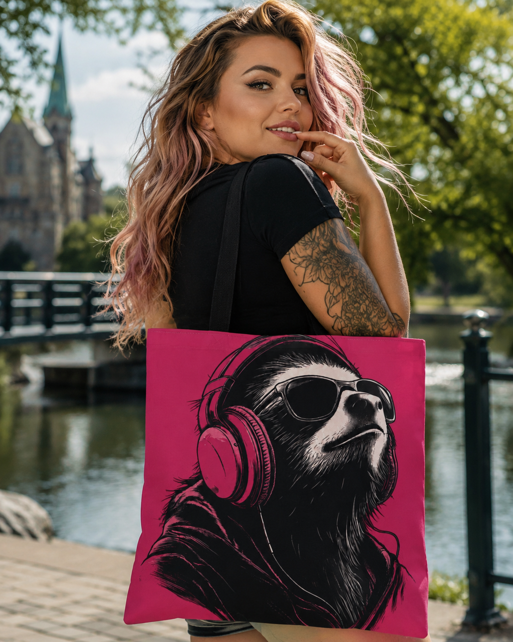 Woman holding a pink tote bag with a sloth wearing headphones and sunglasses design, outdoors by a body of water.
