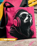 Pink tote bag with a sloth wearing headphones and sunglasses design, on a colorful background.