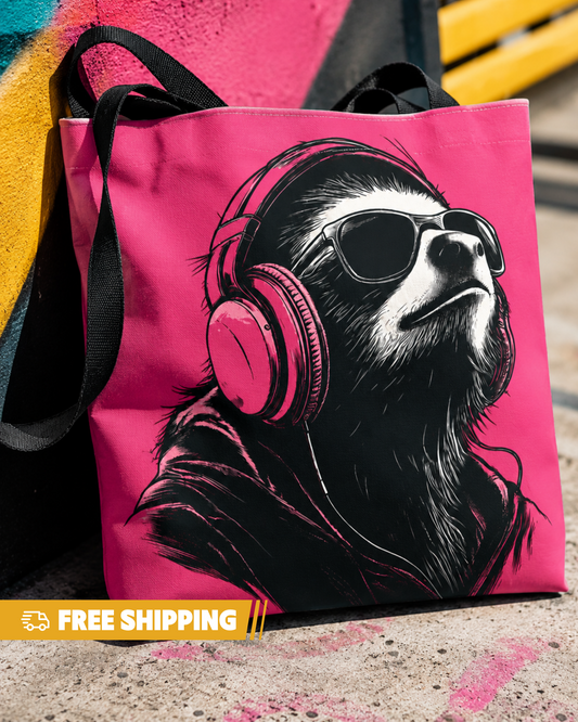 Pink tote bag with a sloth wearing headphones and sunglasses design, on a colorful background.